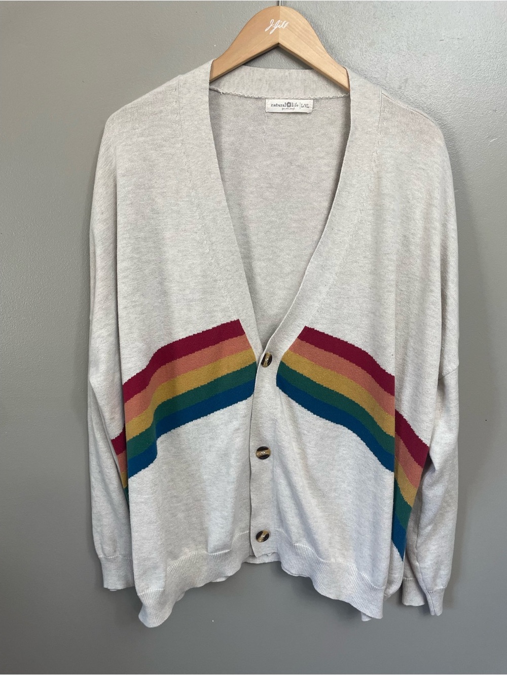 Natural Life Live Happy Rainbow Cotton Button Front Boho Cardigan Sweater L/XL